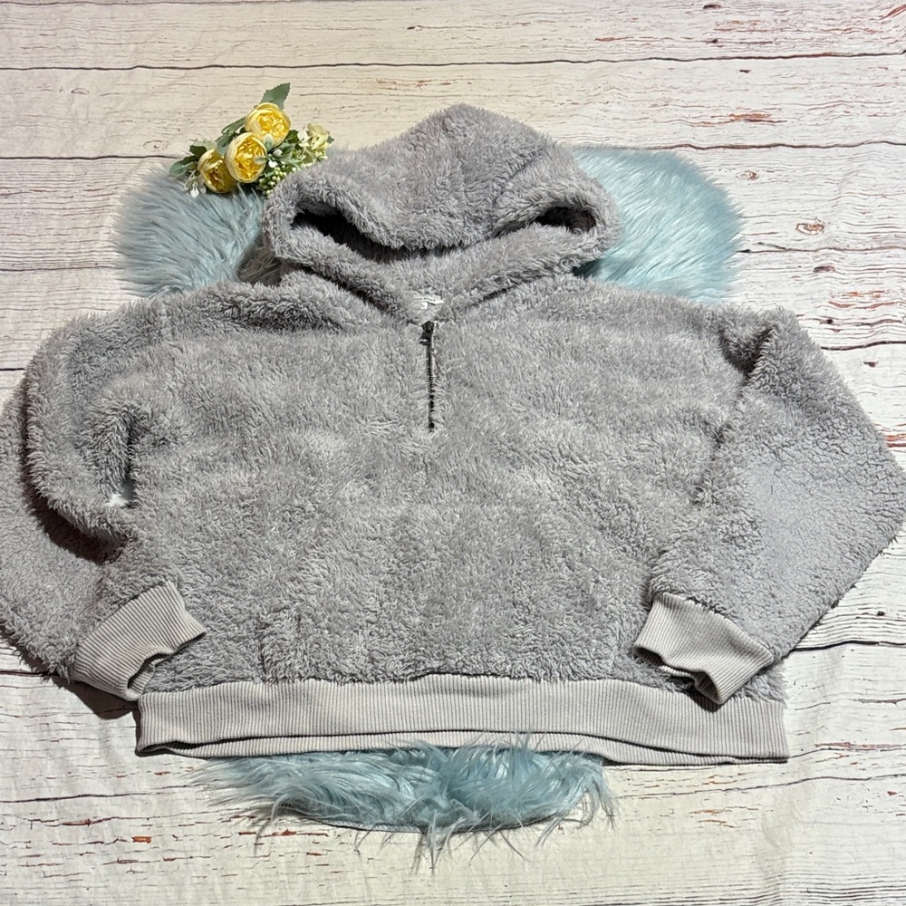 American Eagle Outfitters Grey Fuzzy Hooded Pullover Quarter Zip sz L